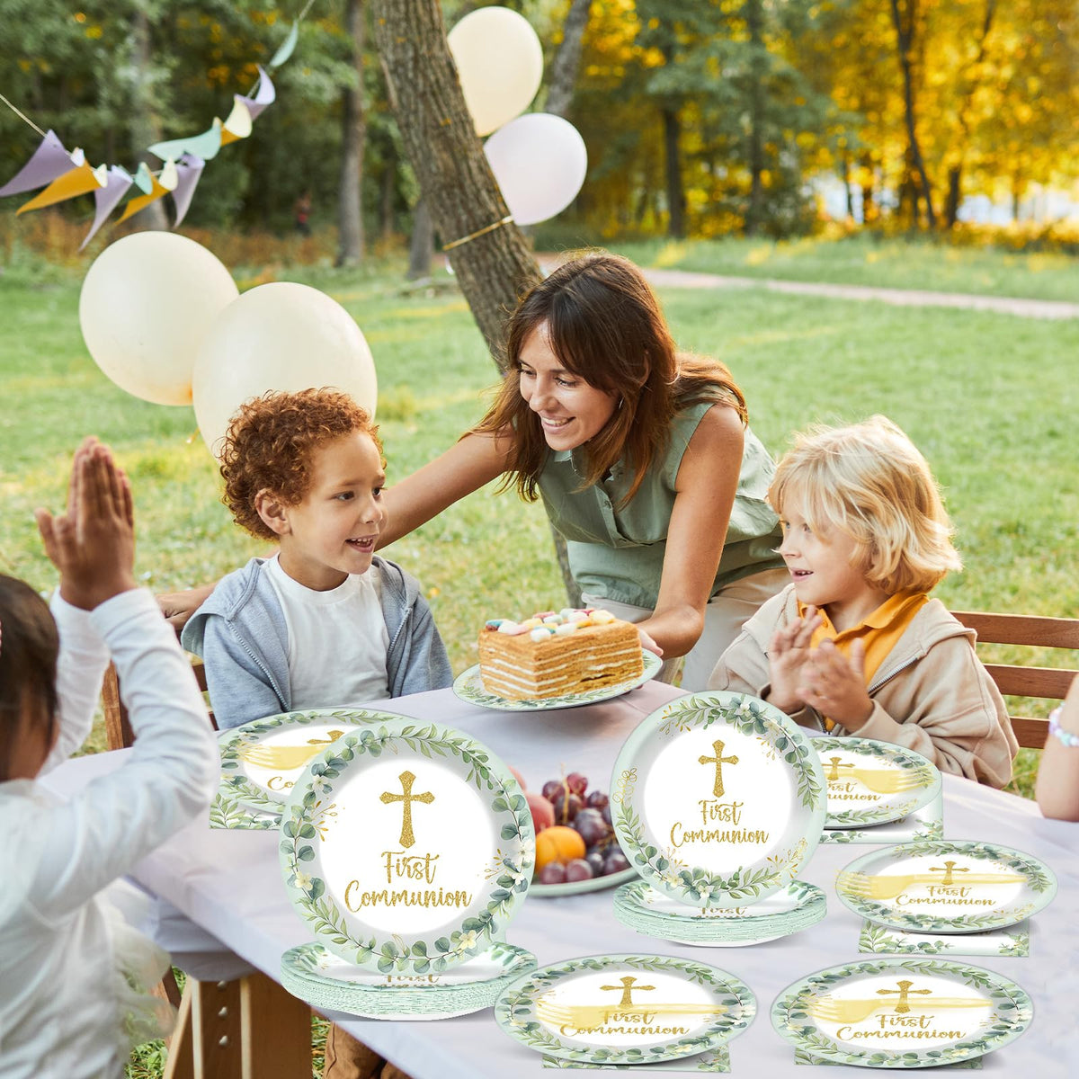 Naozinebi eucalyptus leaf detail on plates elevates religious table setting