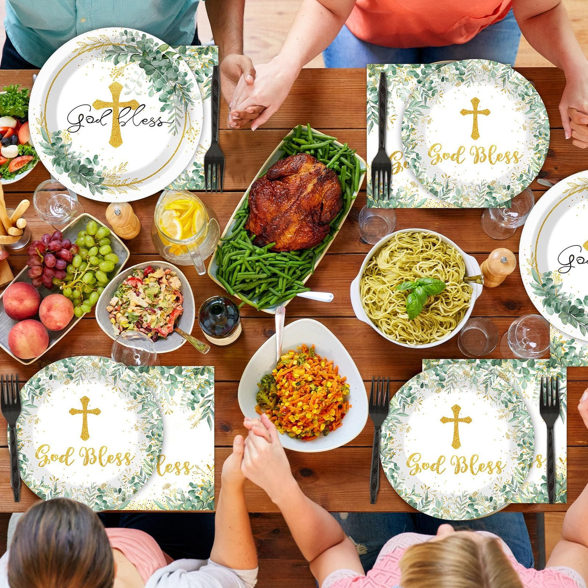 Naozinebi first communion party setup shows coordinated dinnerware for celebratory occasions.