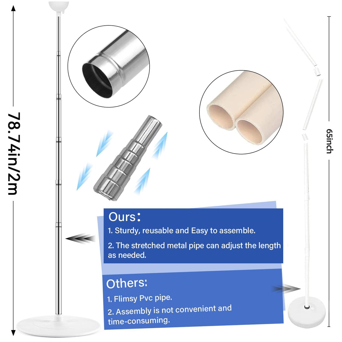 Naozinebi stainless steel telescoping pole shown extended for adjustable height options.