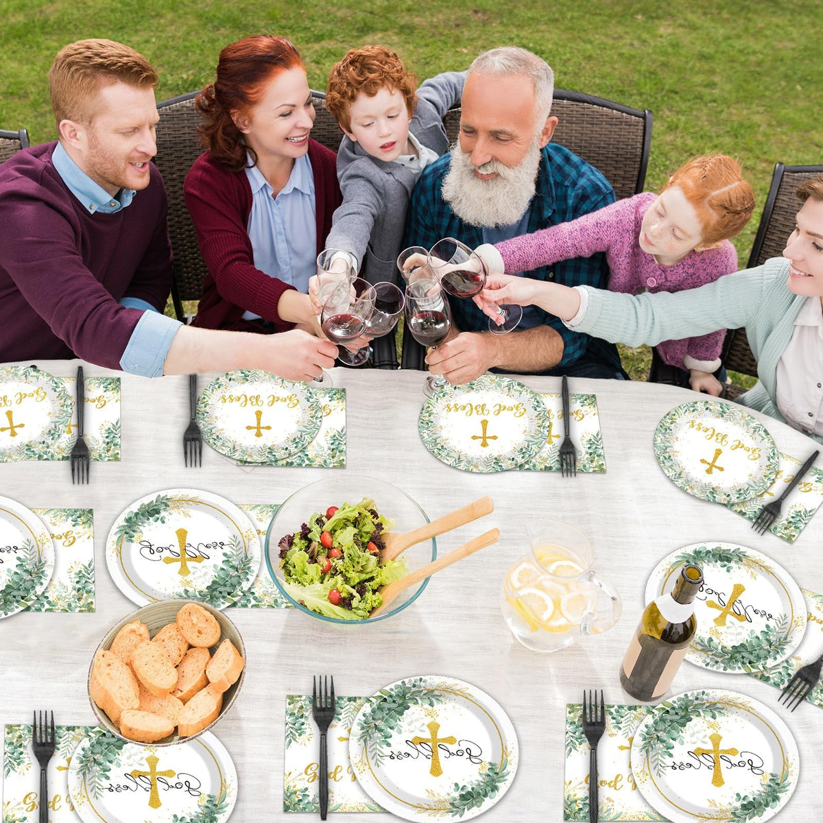 Naozinebi table decor with eucalyptus and cross close-up for a fresh religious ambiance.