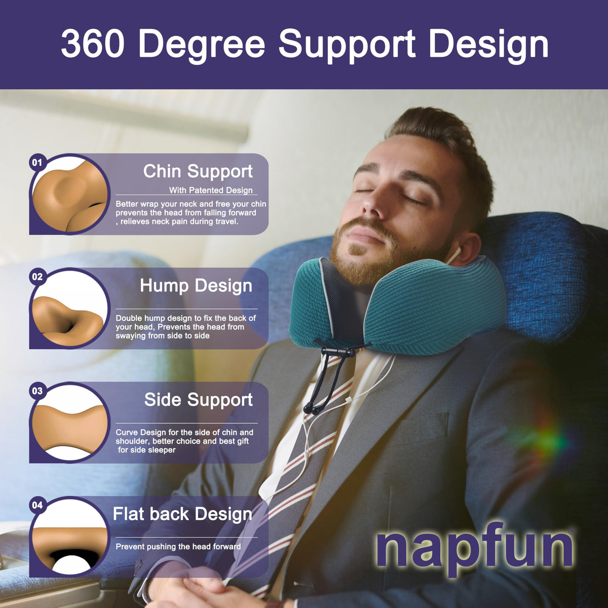 Napfun chin-support travel pillow demonstrates head stability in cabin