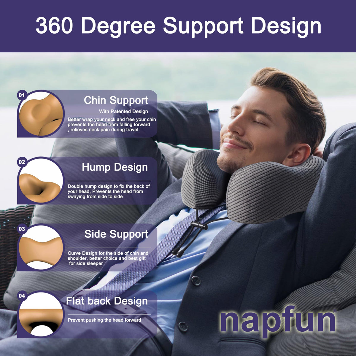 Napfun flight pillow with chin support helps keep your head steady during flights.
