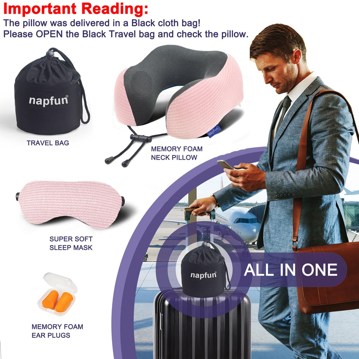 napfun luxury set travel essentials includes mask and earplugs for convenient sleep.
