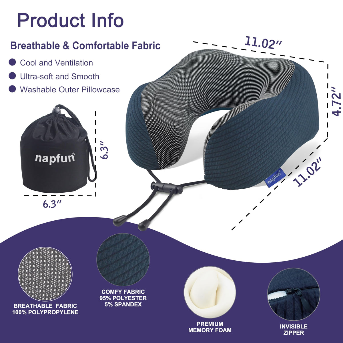 napfun memory foam pillow showing 5 seconds return for quick shape recovery