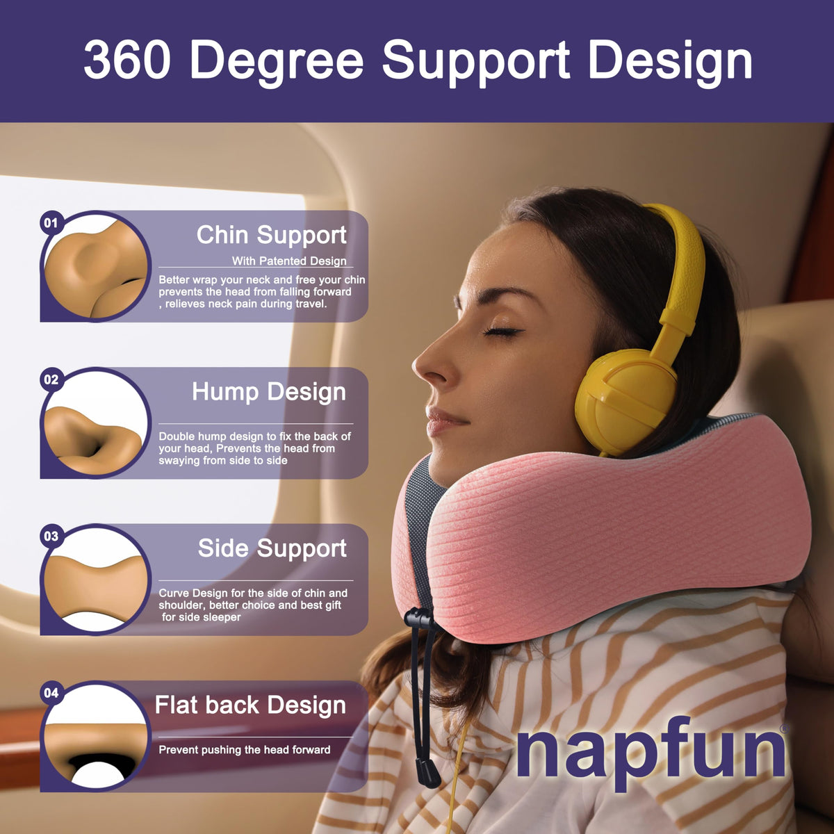 Napfun raised lobes cradle neck and shoulders for stable support