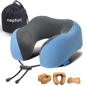 napfun neck pillow shows ergonomic design for comfortable neck alignment during flights.
