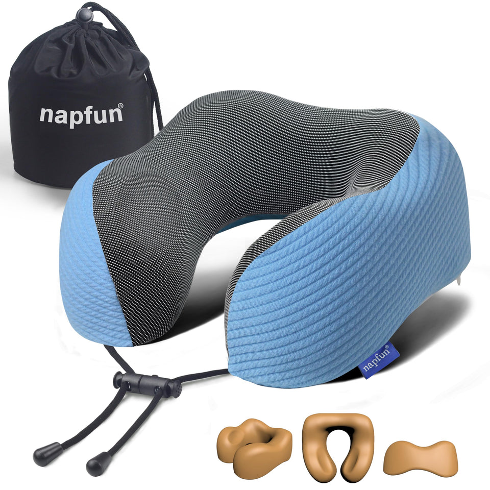napfun neck pillow shows ergonomic design for comfortable neck alignment during flights.
