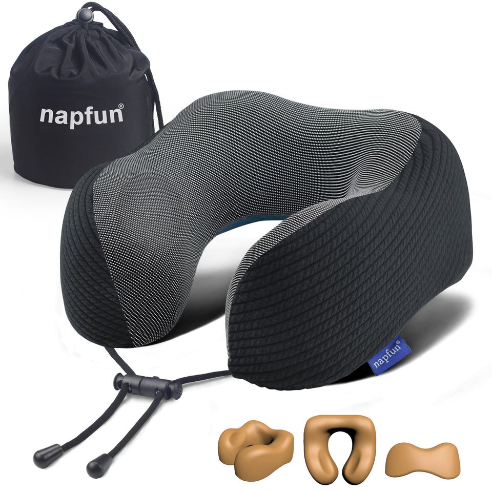 napfun neck pillow on plane provides chin support and travel comfort