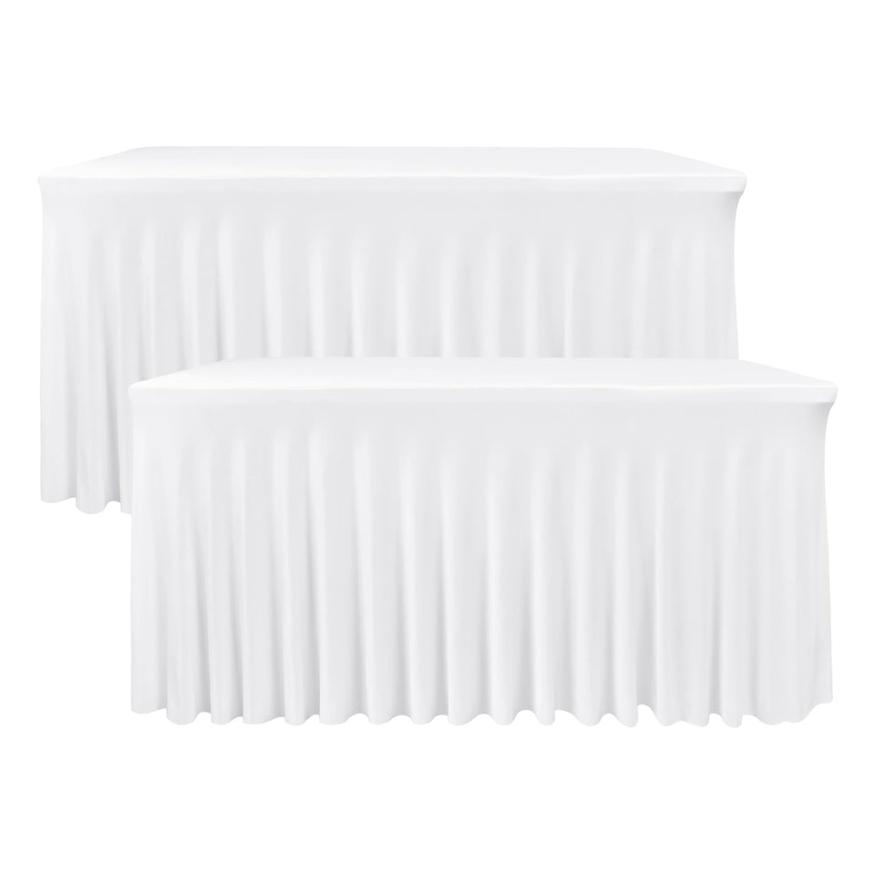 Nasitos white rectangle table skirt 72x30 setup enhances formal dining presentation.