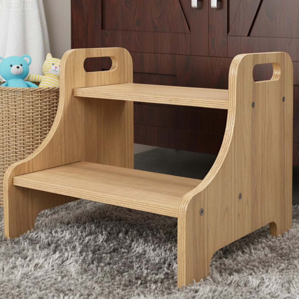 Natapai 2-step stool with handles offers secure grip for safe climbing.