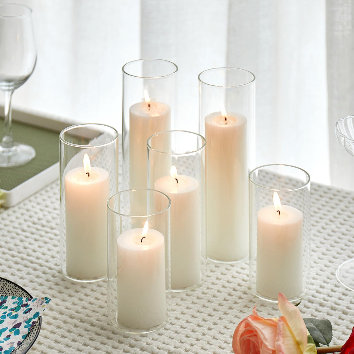 Natcense 6-set white pillar candles with clear glass hurricane holders for elegant centerpieces