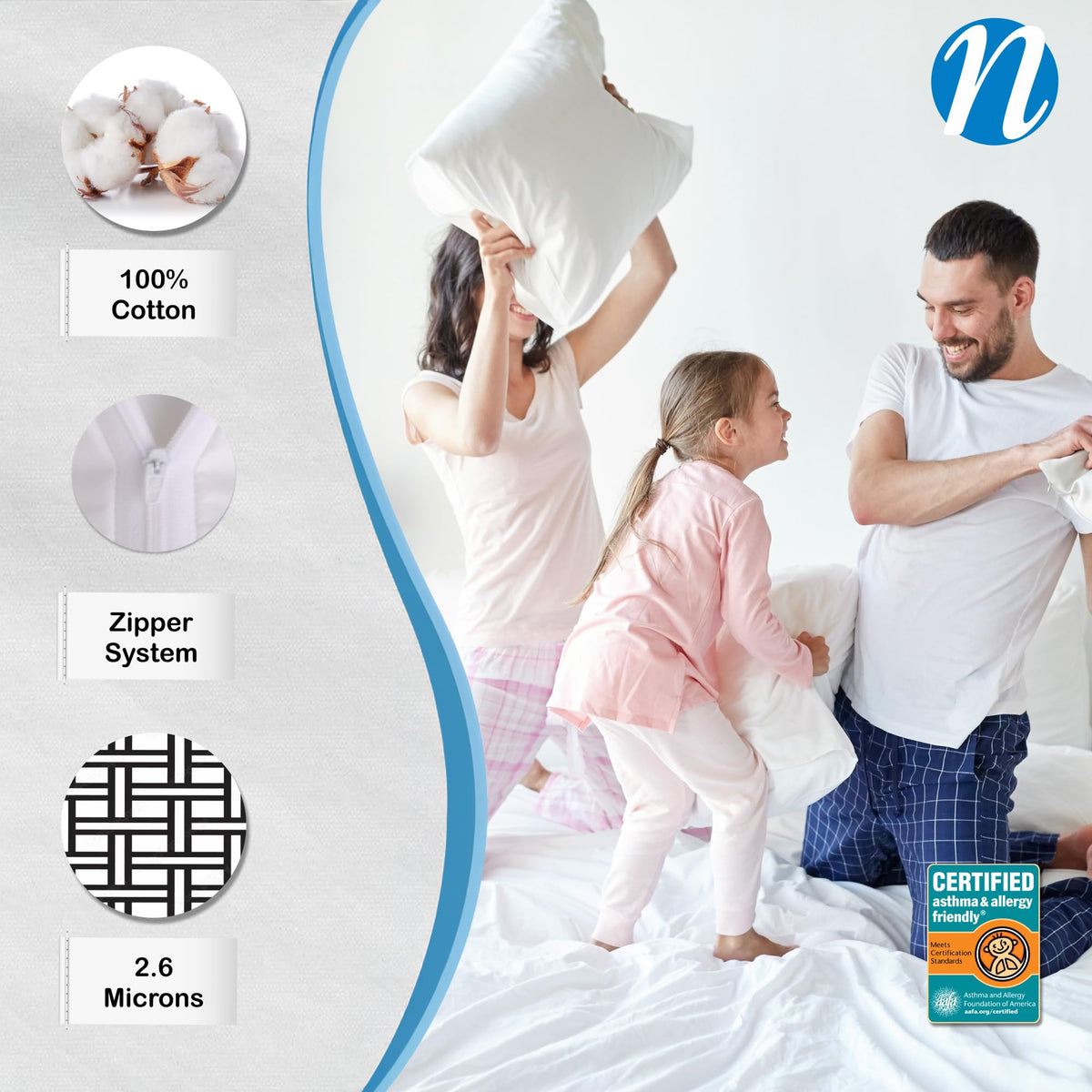 Two-piece zipper system on National Allergy Premium pillow protector demonstrating secure closure.
