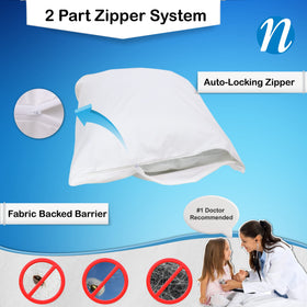 Closeup of the National Allergy Premium zipper system with auto-lock feature.