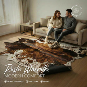 NativeSkins brown cow-print area rug enhances bedroom decor with plush fibers.
