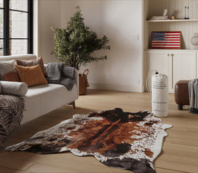 NativeSkins cowhide rug flat-lay showcases a realistic pattern for stylish living rooms.