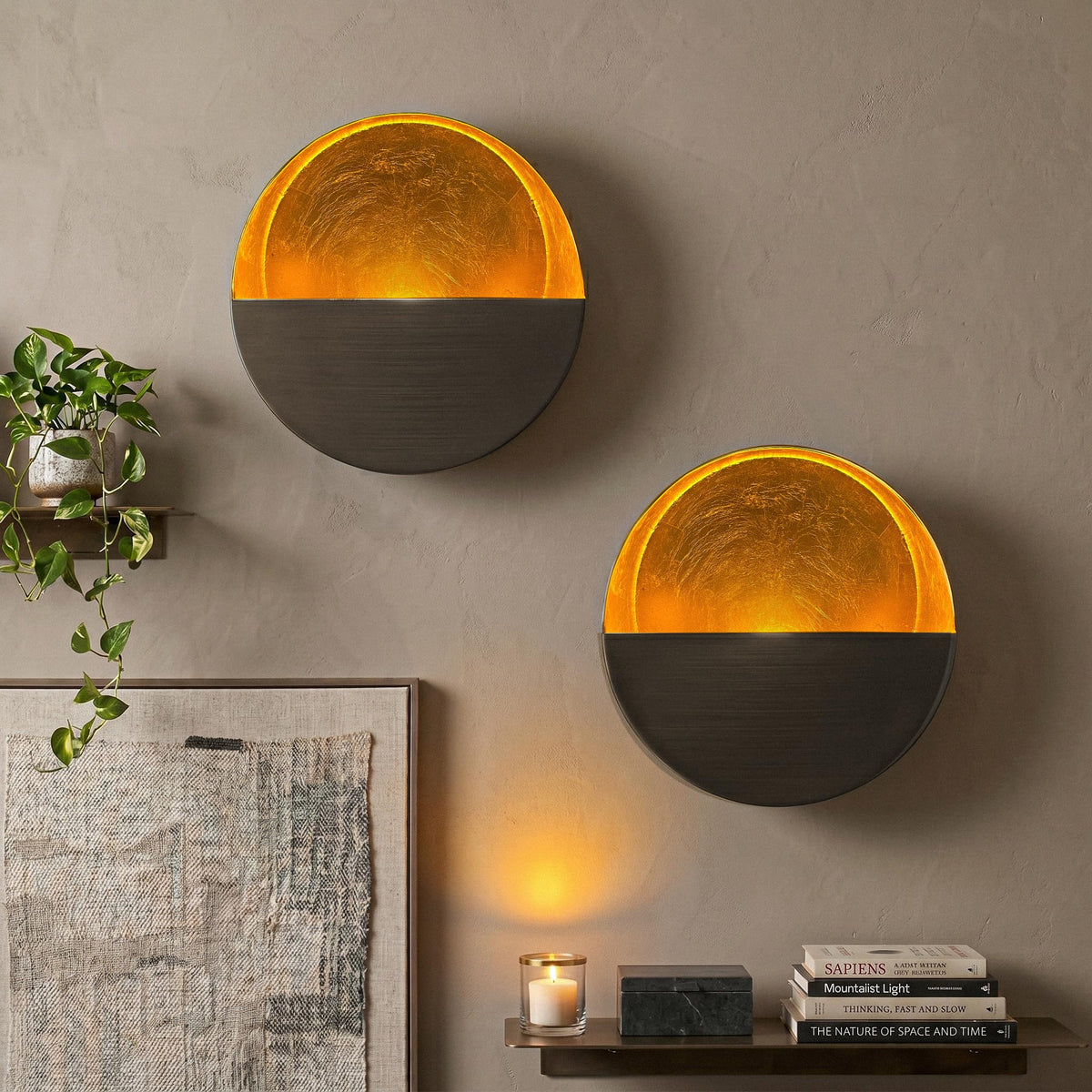NativeSkins Eclipse wall sconce with gold interior creates warm, intimate candlelight.