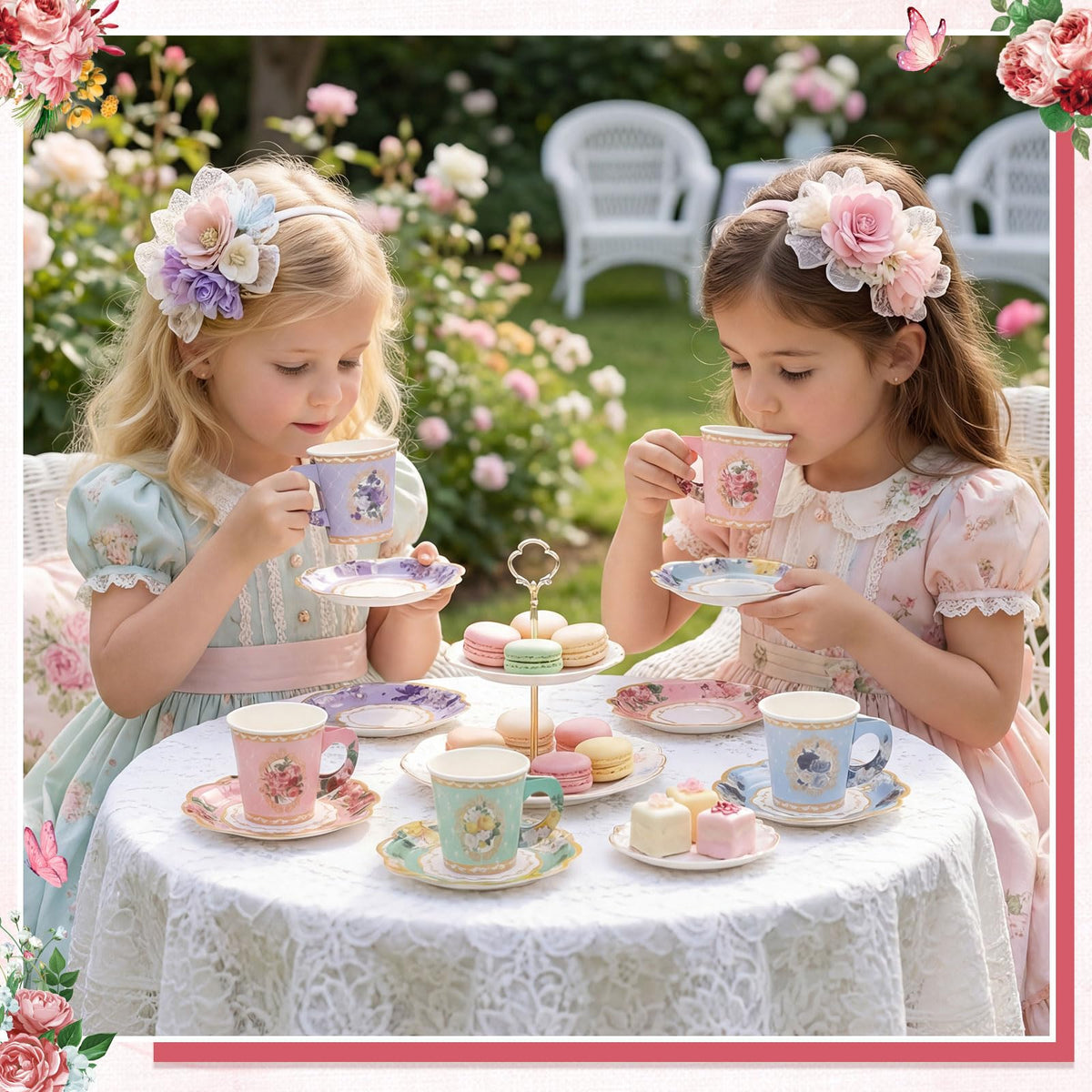NatNarr elegant tea tableware enhances garden party décor.