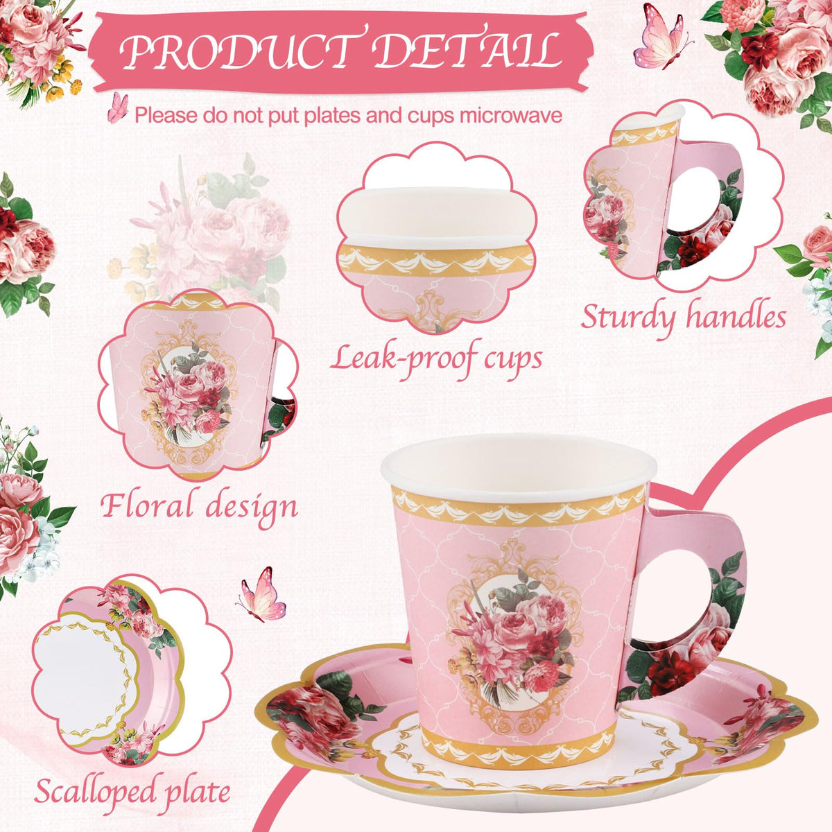 NatNarr floral tea party cups and saucers add charm to tables.