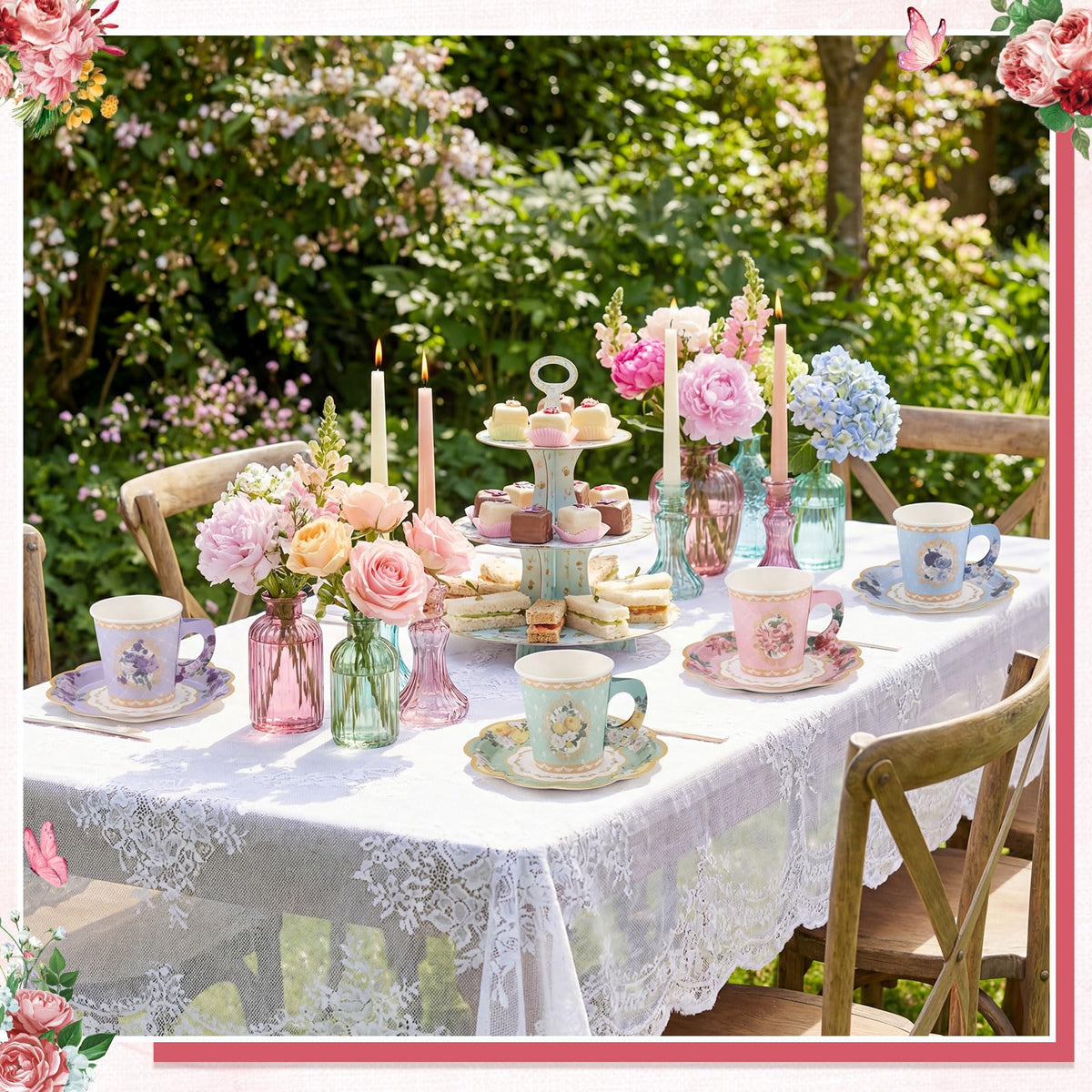 NatNarr garden party dining setup with cups and saucers for hosting.
