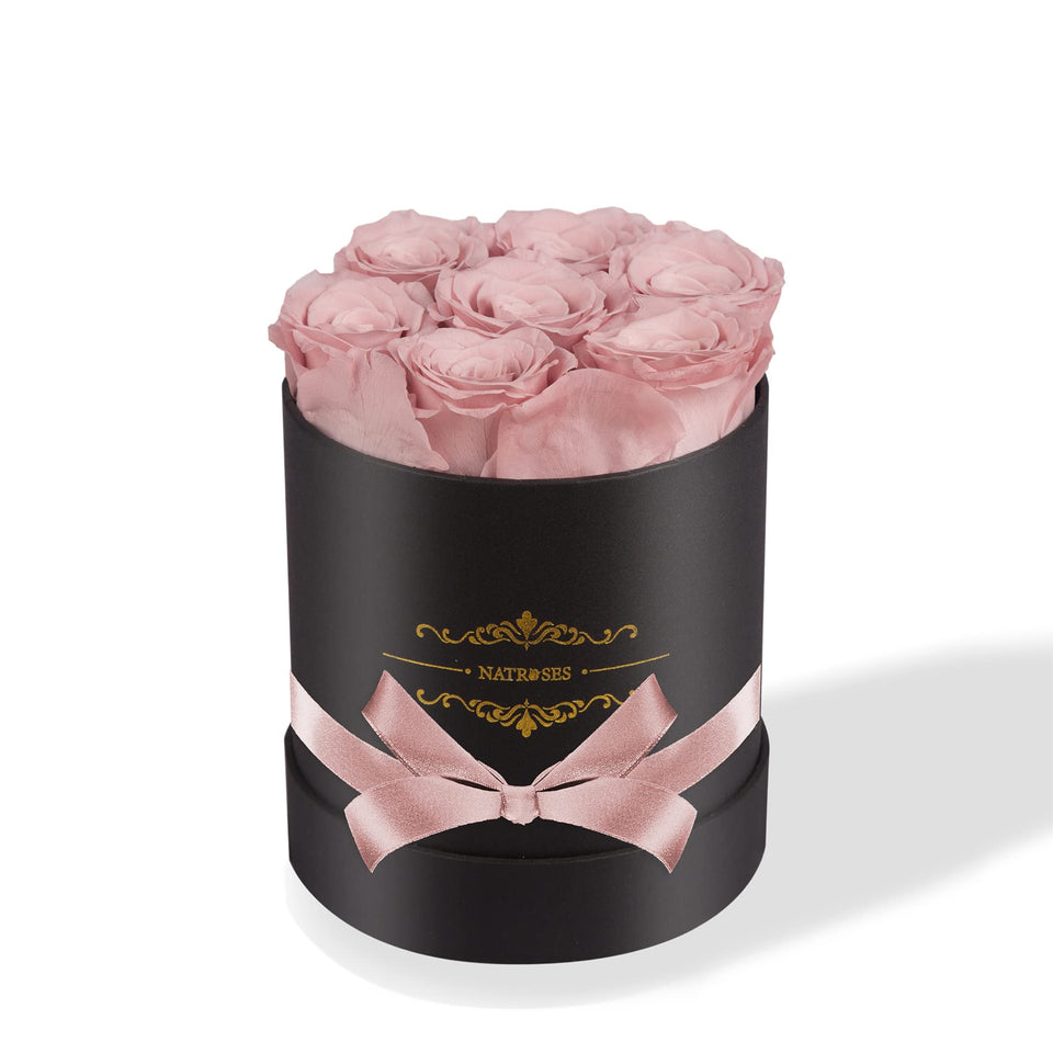 NATROSES 7-piece preserved roses in a dusty rose box, lasting beauty for years.