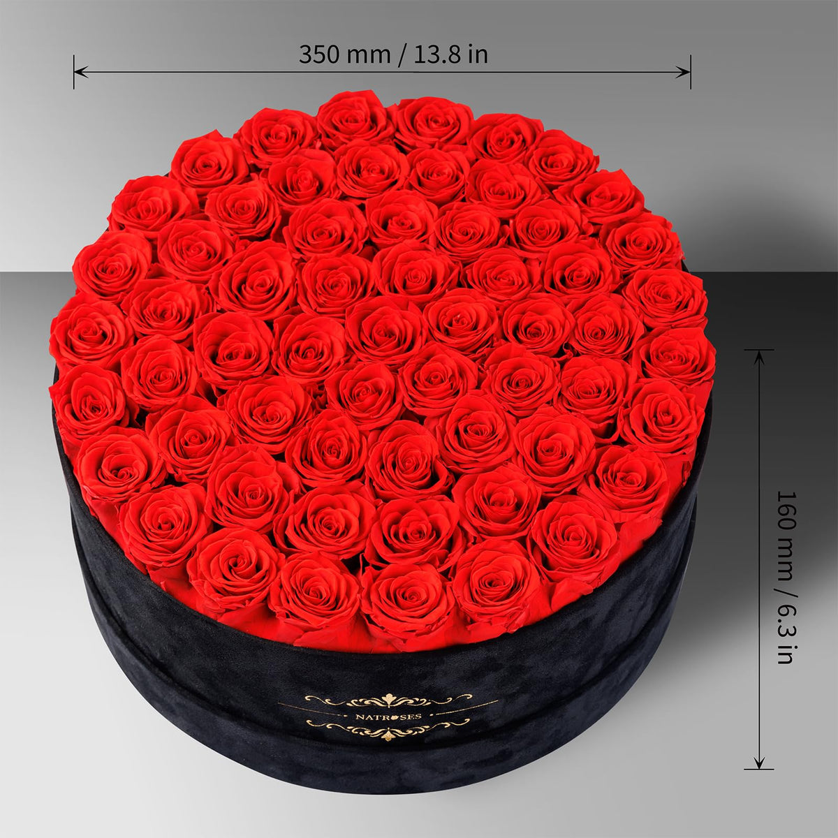NATROSES black velvet box open top view showing preserved roses in luxury.