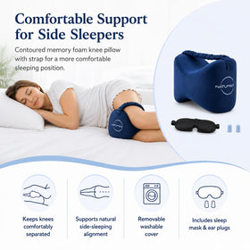 NATUMAX knee pillow with ear plugs reduces ambient noise.