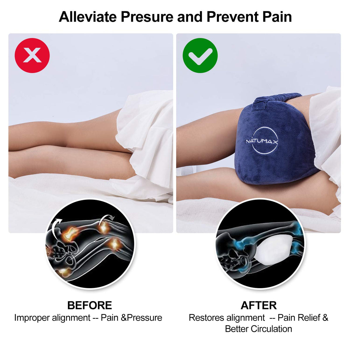 NATUMAX knee pillow with leg strap maintains alignment when turning.