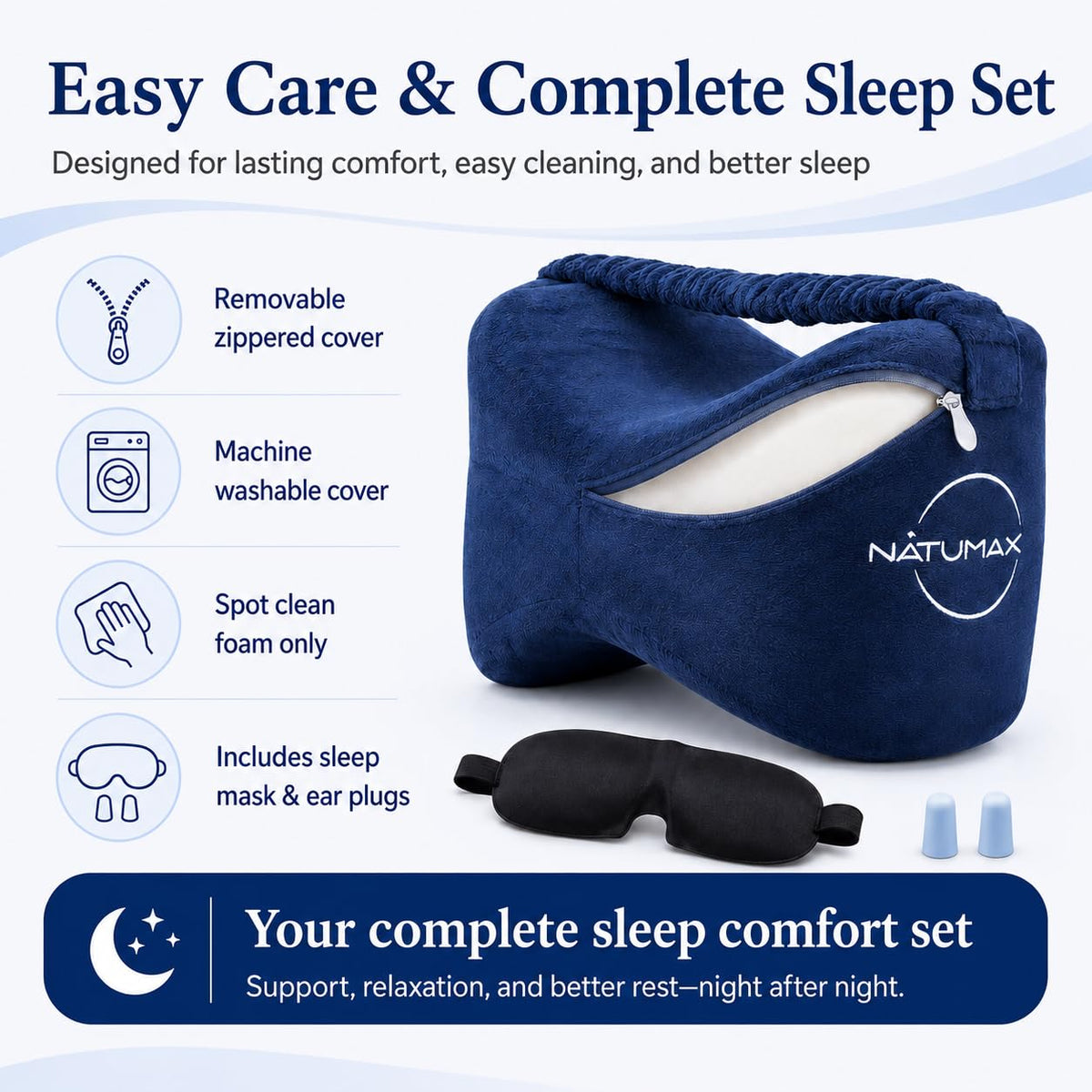 NATUMAX knee pillow kit supports side sleeping during pregnancy.