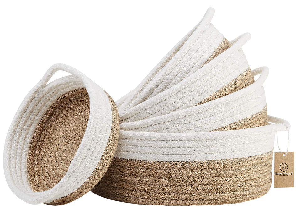 NaturalCozy round basket for Montessori toys neatly organized on a shelf