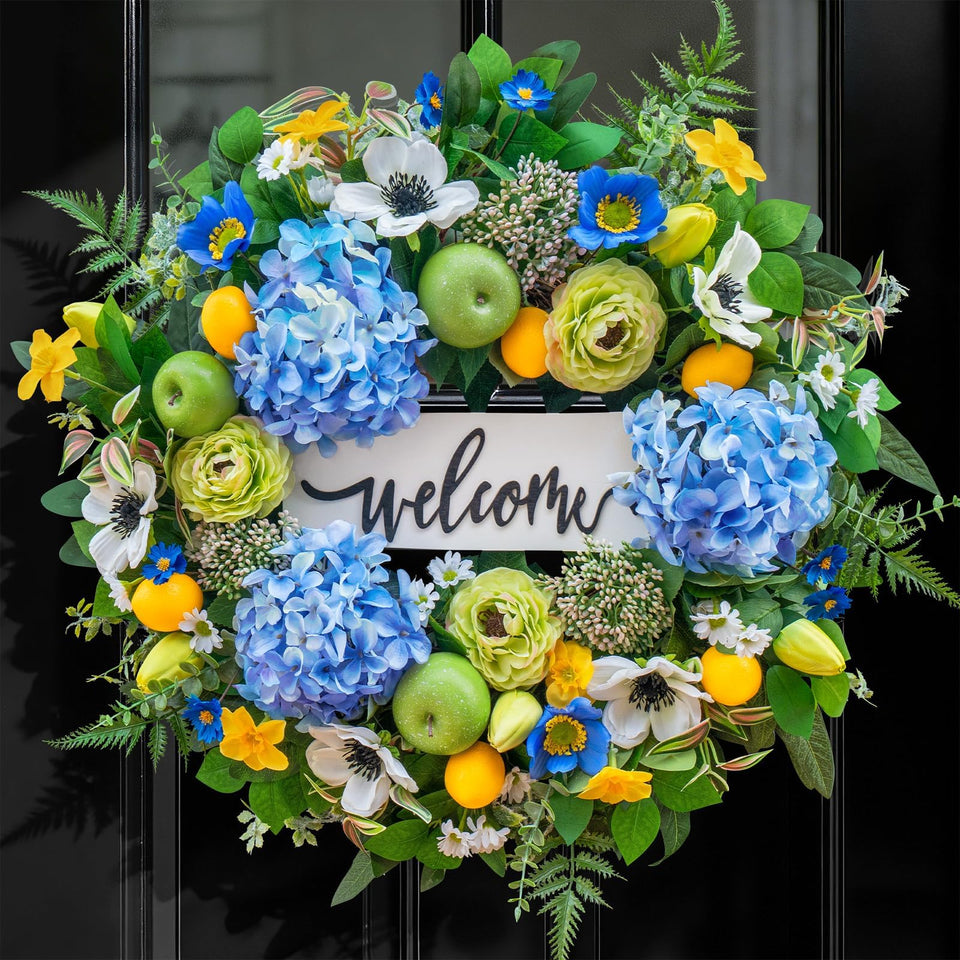 NaturaWre 24in wreath with blue hydrangea brightens the front door