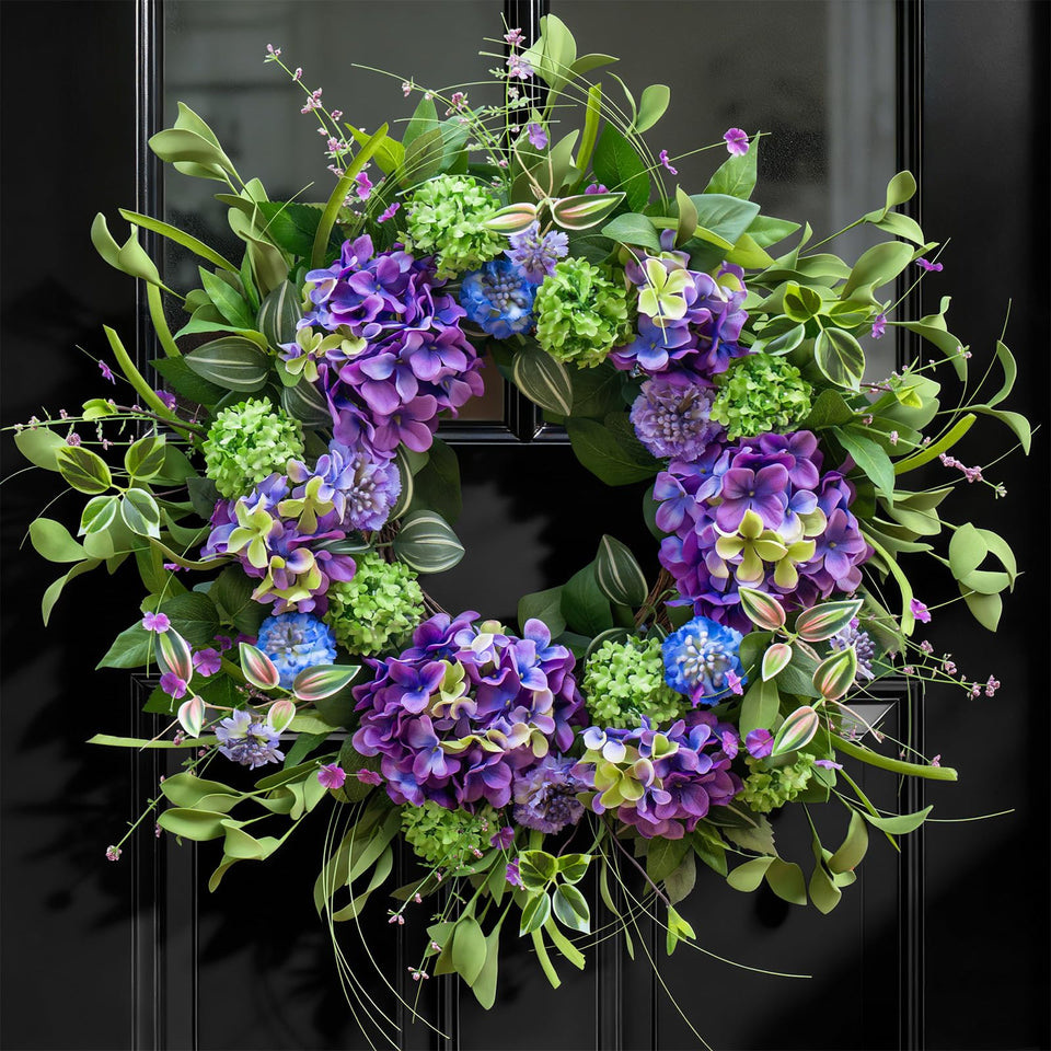 NaturaWre 24in spring wreath with hydrangea and thistle for front door curb appeal.