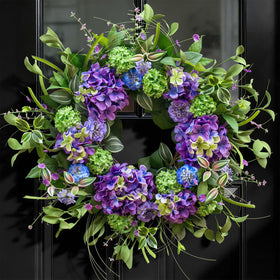 NaturaWre 24in spring wreath with hydrangea and thistle for front door curb appeal.