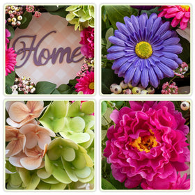NaturaWre artificial hydrangea, peony, tulip and gerbera blooms add vibrant porch color.