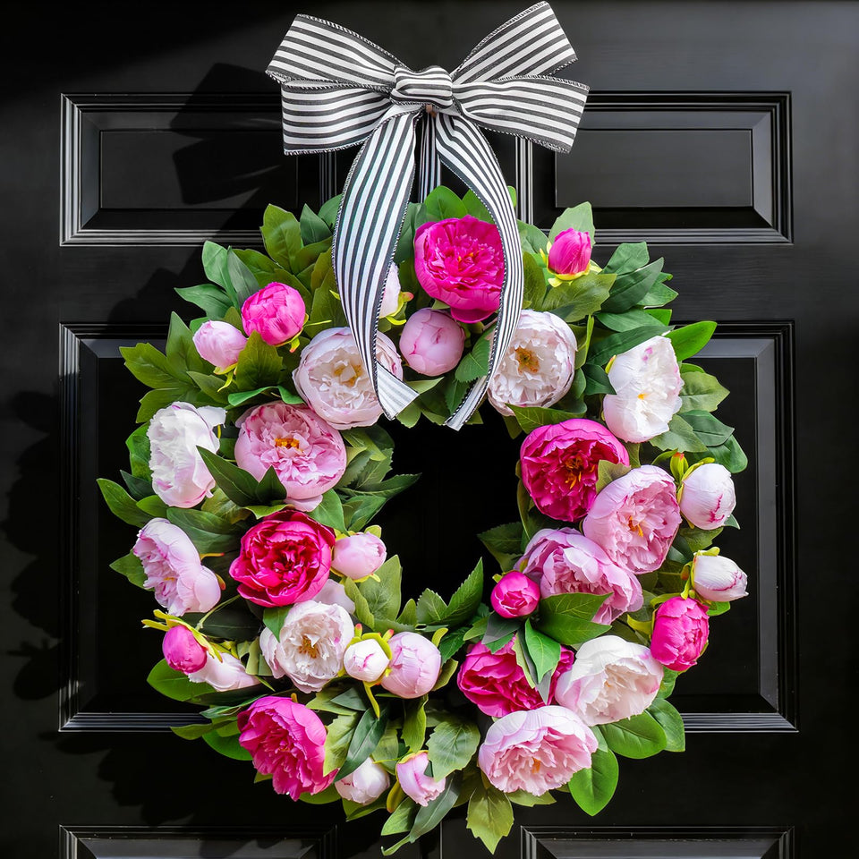 NaturaWre front-door wreath with pink and white peonies boosts curb appeal