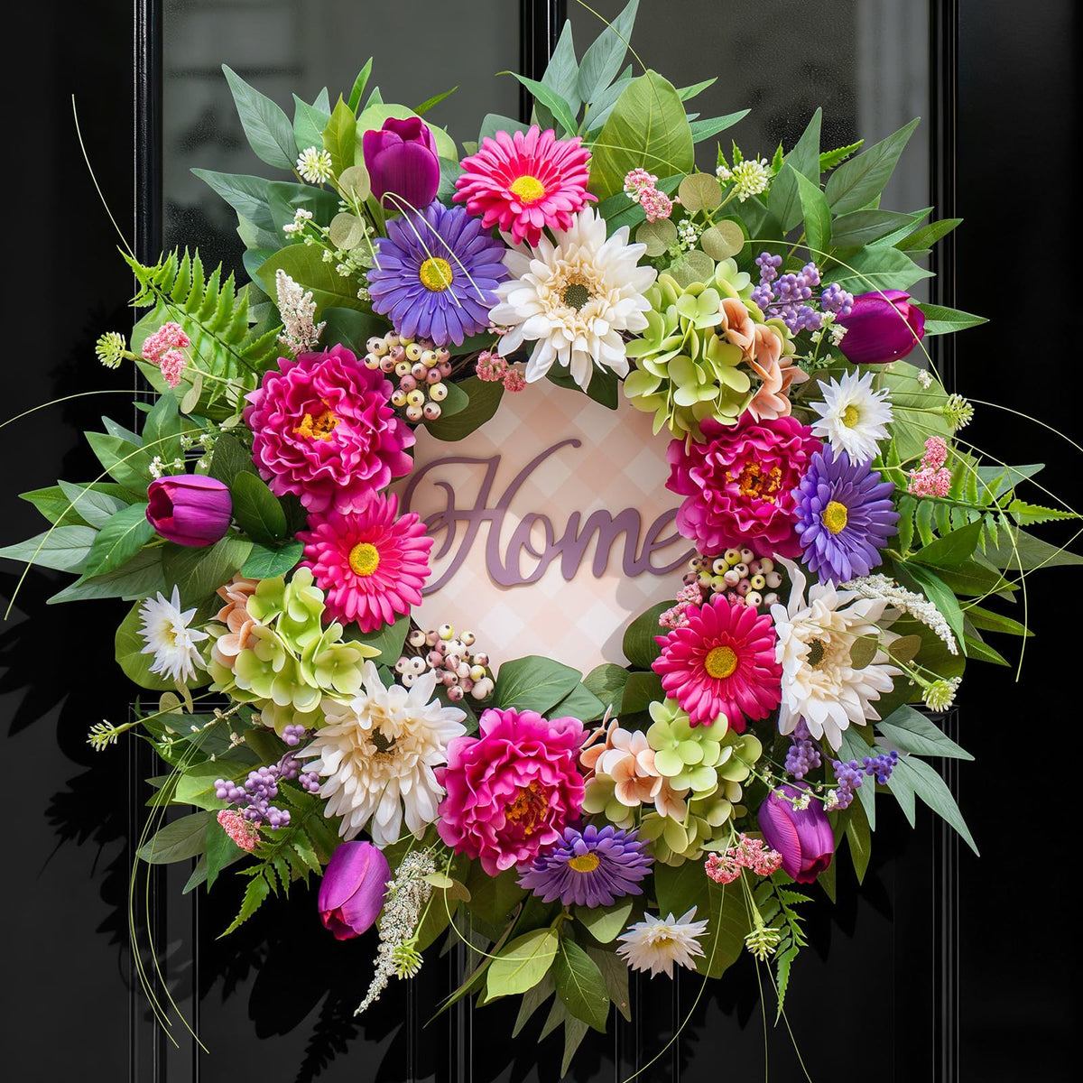 NaturaWre Spring Wreath with wooden Home sign brightens entryways.