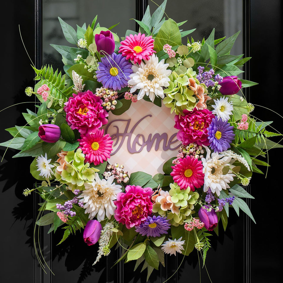 NaturaWre Spring Wreath with wooden Home sign brightens entryways.