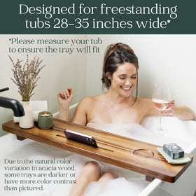Nature Shed acacia wood bath tray showcases unique grain and durable water resistance for daily use.