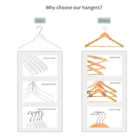 These 10-pack white Nature Smile hangers offer sturdy storage for shirts, jackets, and dresses.