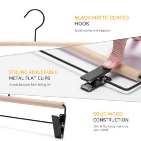 Nature Smile Deluxe Beech Pants Hanger with black matte hook adds elegance to closets
