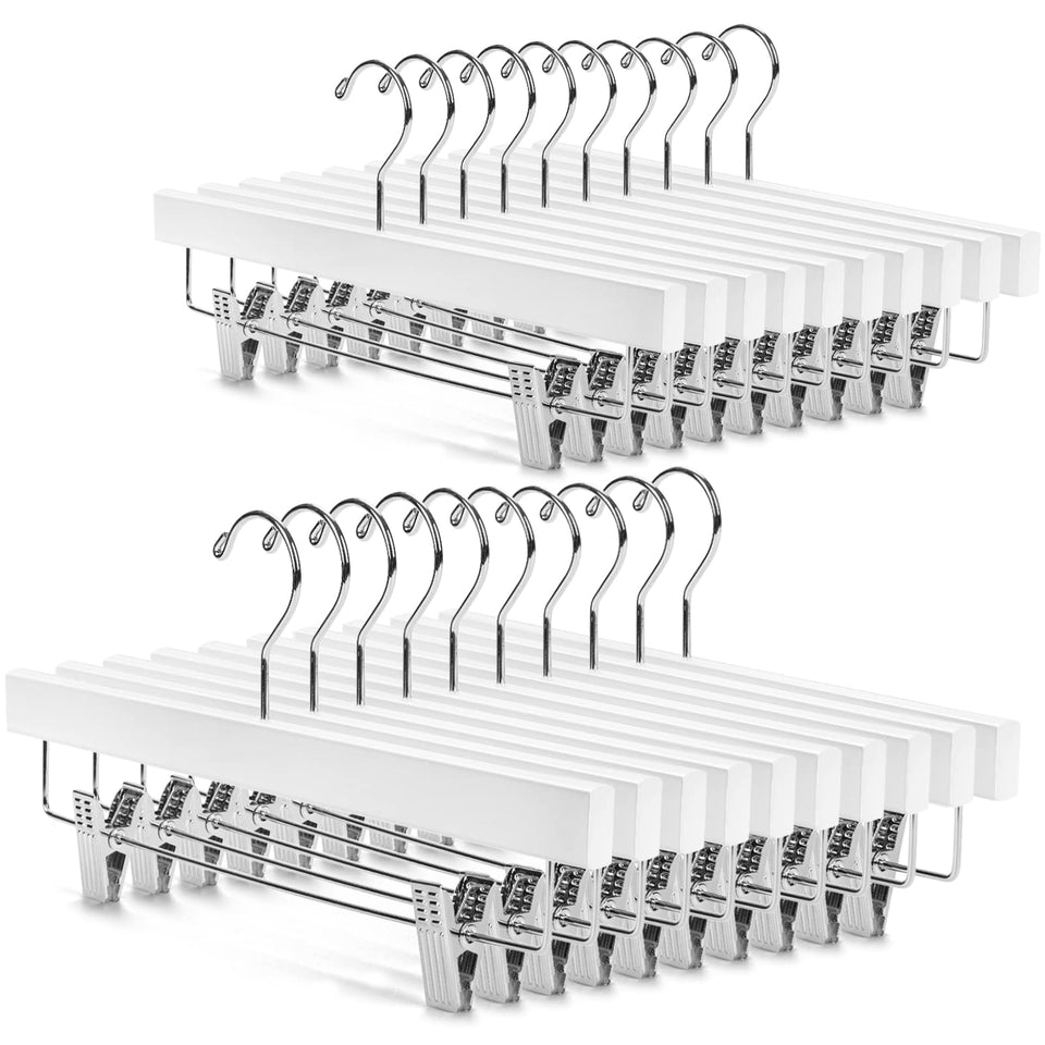 Nature Smile deluxe wooden pants hangers with two adjustable clips in white protect fabrics