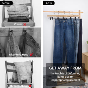 In-closet display of Nature Smile hangers organizing pants and skirts.