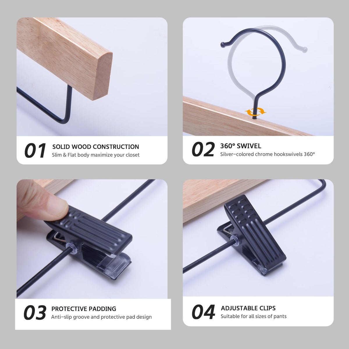 Jeans hung securely on Nature Smile hangers with adjustable clips.