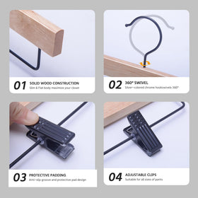 Jeans hung securely on Nature Smile hangers with adjustable clips.