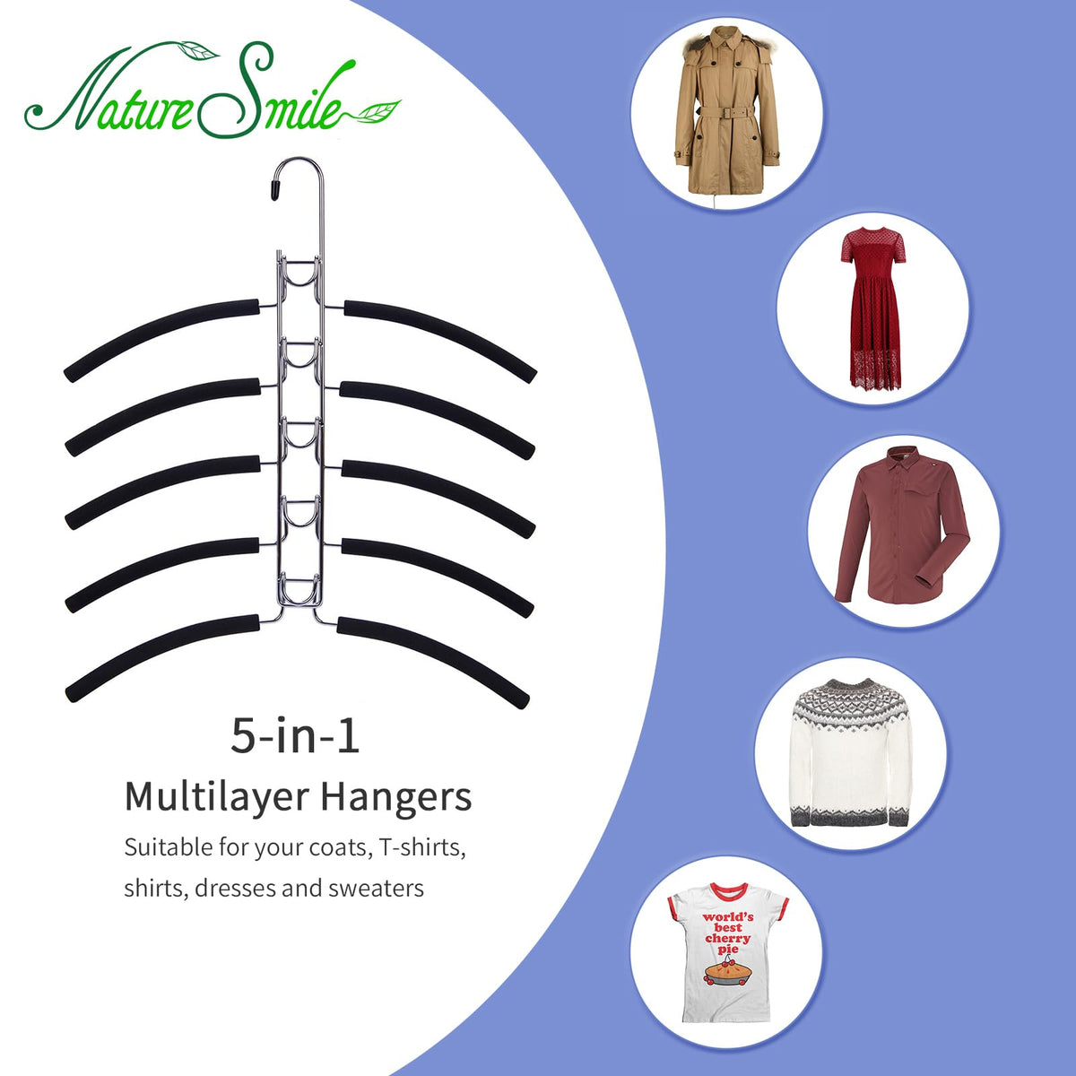 Nature Smile durable metal hanger frame supports multiple garments.