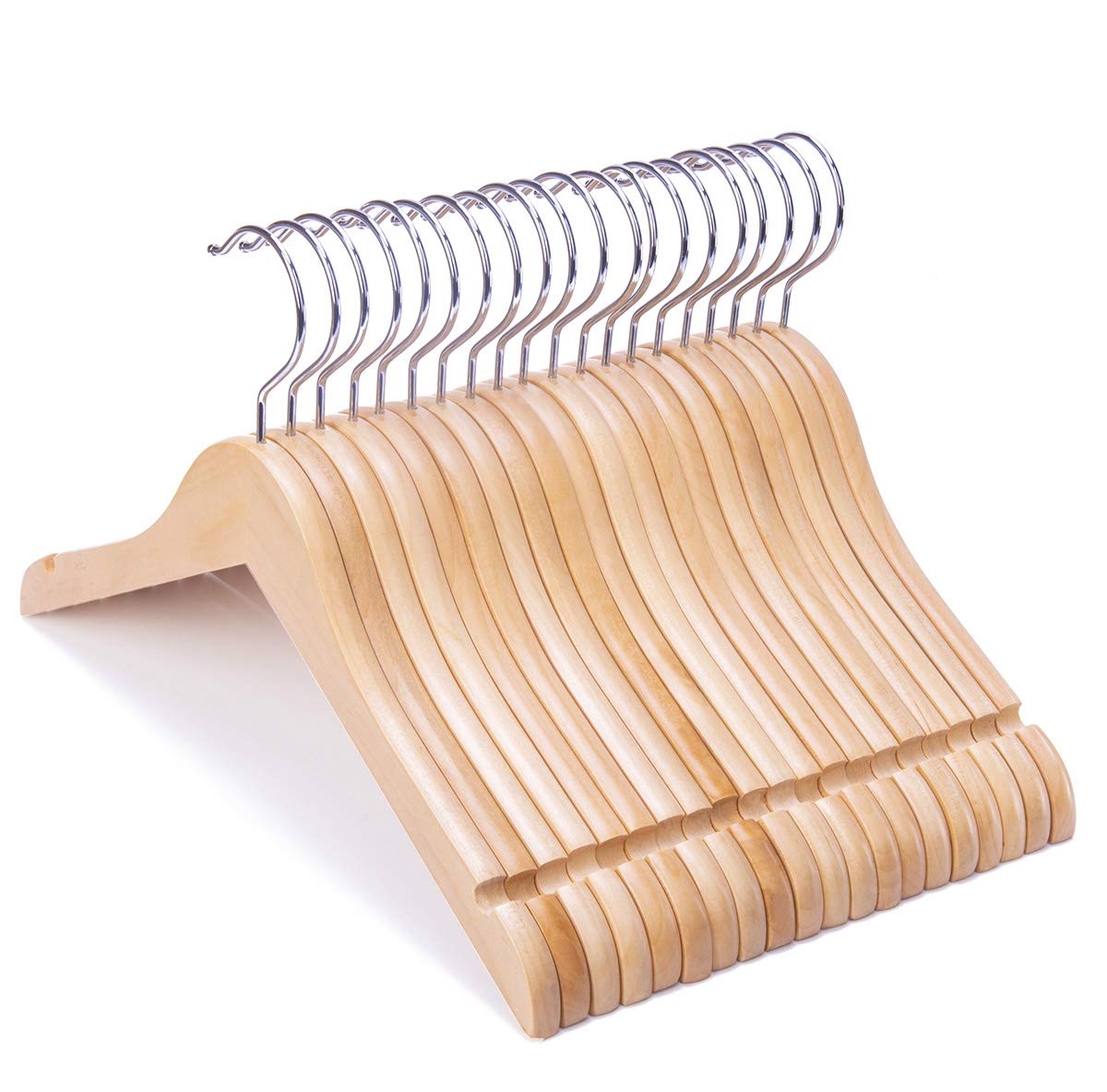 Nature Smile Juniors 14-inch wooden hanger keeps growing kids' outfits neatly organized.