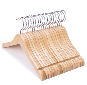 Nature Smile Juniors 14-inch wooden hanger keeps growing kids' outfits neatly organized.