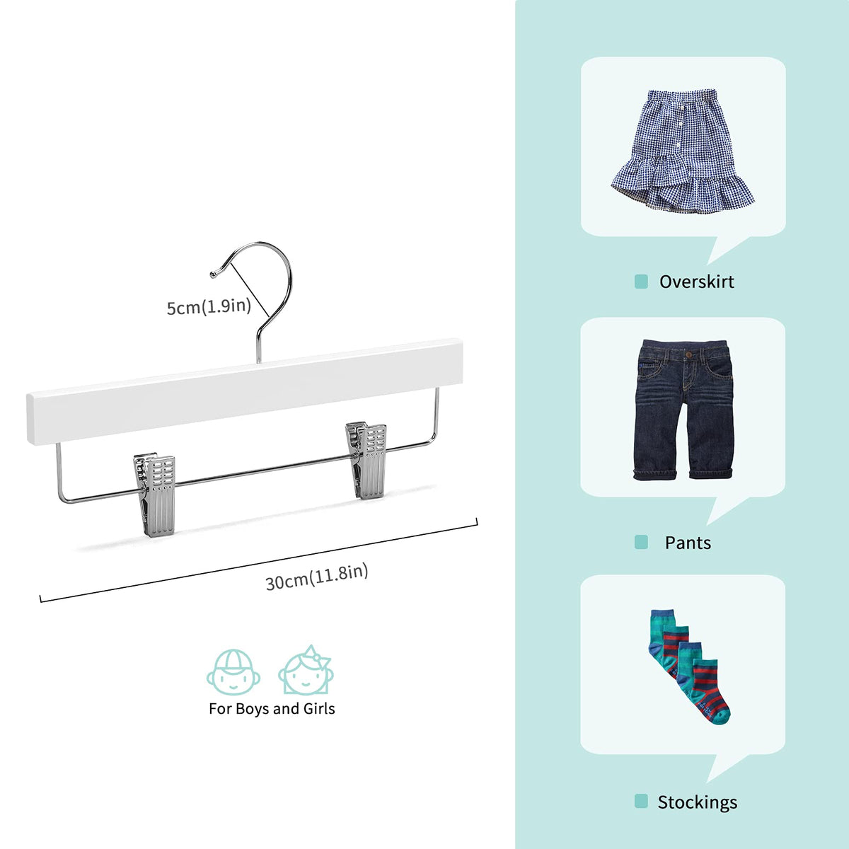 Nature Smile kids wooden pants hanger 11.8in, side view, sturdy construction for everyday wear.