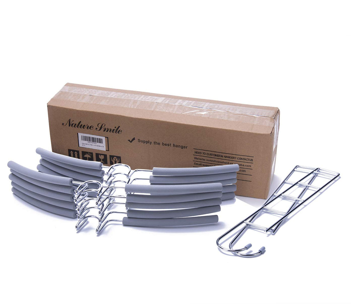 Nature Smile light grey hangers pack with sturdy metal and padding.