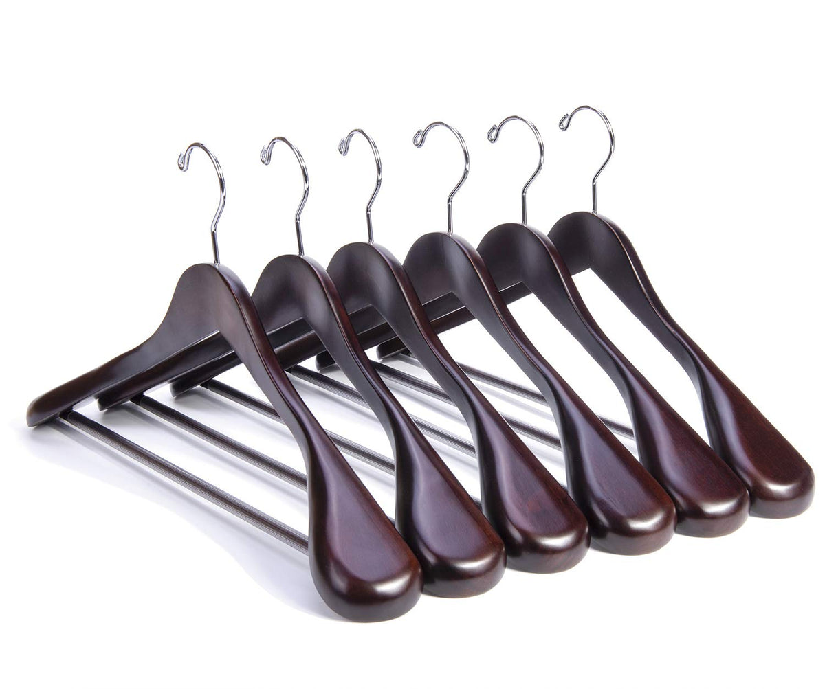 Nature Smile mahogany wood hanger with extra-wide shoulders supports suits and maintains shape