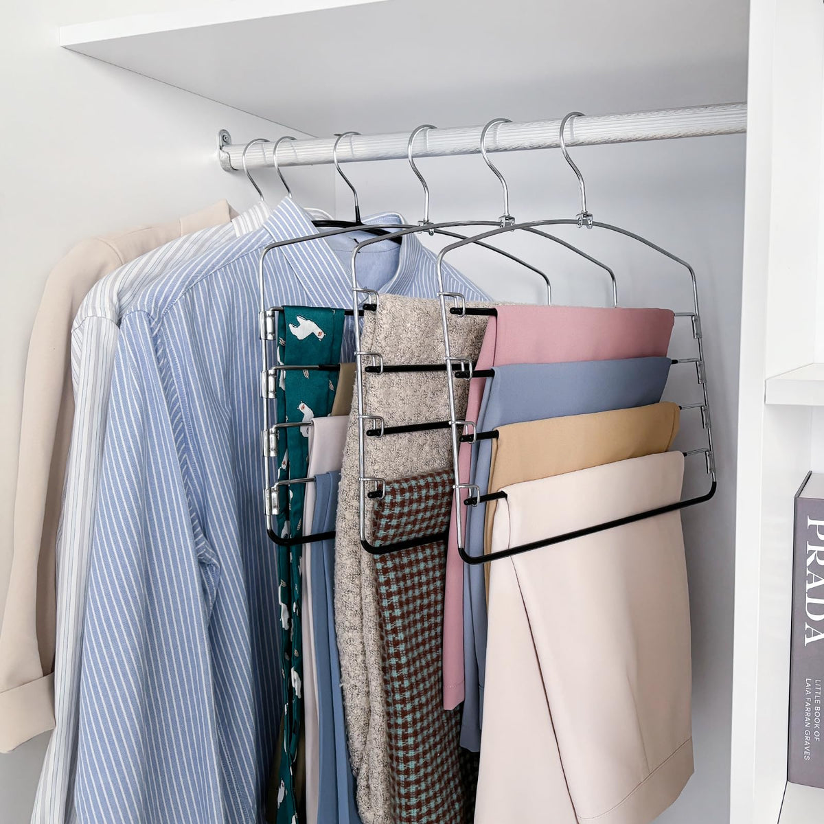 Nature Smile multi-layer pants hanger with 5 swing arms for easy access.